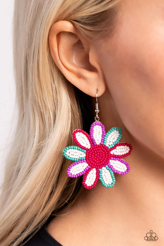 Decorated Daisies White Flower Earring - Paparazzi Accessories Item #P5ST-WTXX-069XX Layers of white seed bead petals, encased in seed bead frames of hot pink, tiffany, and lavender fan out from a hot pink seed bead center, blooming into a textured floral lure. Earring attaches to a standard fishhook fitting.  Featured inside The Preview at Made for More!  Sold as one pair of earrings.