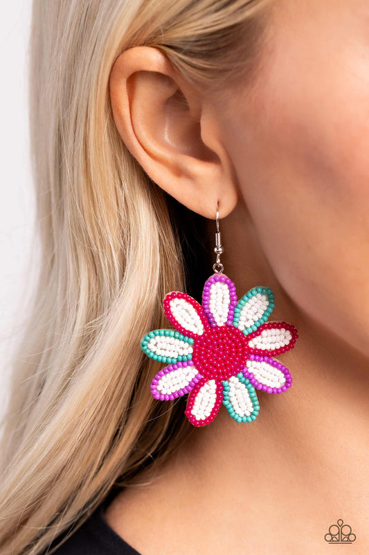 Decorated Daisies White Flower Earring - Paparazzi Accessories Item #P5ST-WTXX-069XX Layers of white seed bead petals, encased in seed bead frames of hot pink, tiffany, and lavender fan out from a hot pink seed bead center, blooming into a textured floral lure. Earring attaches to a standard fishhook fitting.  Featured inside The Preview at Made for More!  Sold as one pair of earrings.