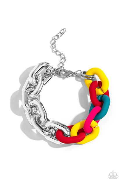 Candid Contrast Red Clasp Bracelet - Paparazzi Accessories  A strand of oversized silver curb chain collides with red, High Visibility, turquoise, and Pink Peacock acrylic curb links to create an abstract blend of grit and color. The oversized links of the colored curb chain offset the high sheen of the silver that lays on the opposite side, perfectly balancing the contrasting design. Features an adjustable clasp closure.  Sold as one individual bracelet.  P9ST-RDXX-012PK