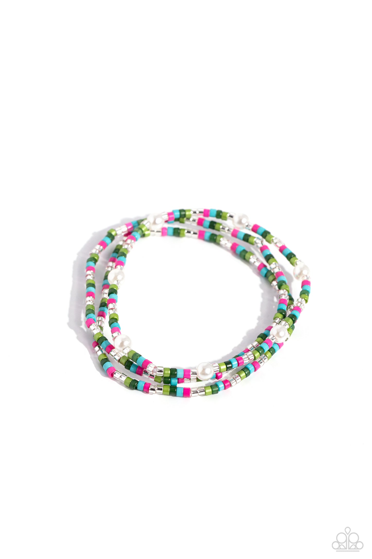 Colorblock Cache Green Bracelet - Paparazzi Accessories  A collection of Kohlrabi, Classic Green, turquoise, pink, and silvery thin seed bead strands are threaded along stretchy bands, resulting in a colorfully playful style around the wrist. Dainty white pearls are sporadically scattered amongst one of the strands, finishing the design off with a touch of coastal inspiration.  Sold as one set of three bracelets.  P9DA-GRXX-065RS