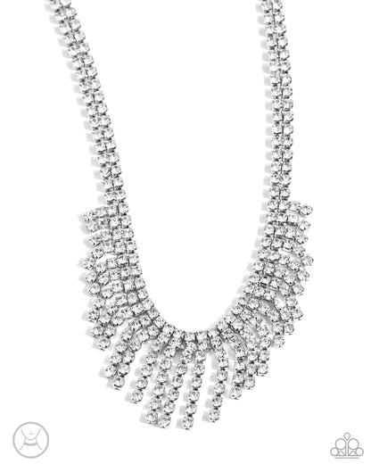 Daring Decadence White Rhinestone Necklace - Paparazzi Accessories A double-stranded chain of dainty white rhinestones in silver square fittings leads the eye down to a fringe of gems in square fittings that drip in varying lengths down the collar, creating a sparkling display. Features an adjustable clasp closure. Sold as one individual choker necklace. Includes one pair of matching earrings. P2CH-WTXX-075XX