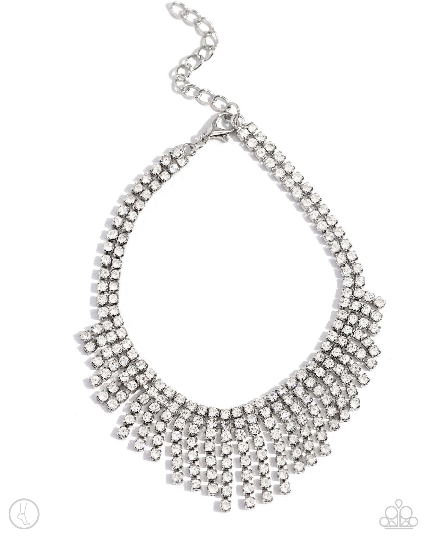 Curtain Confidence White Rhinestone Anklet - Paparazzi Accessories A sassy curtain of mismatched white rhinestone-encrusted silver box chains tapers from the bottom of a double-stranded dramatic row of glassy white rhinestones delicately pressed in silver square fittings. The exaggerated fringe cascades around the ankle, resulting in a dauntless attitude that demands attention with every swish. Features an adjustable clasp closure. Sold as one individual anklet. P9AN-WTXX-049XX
