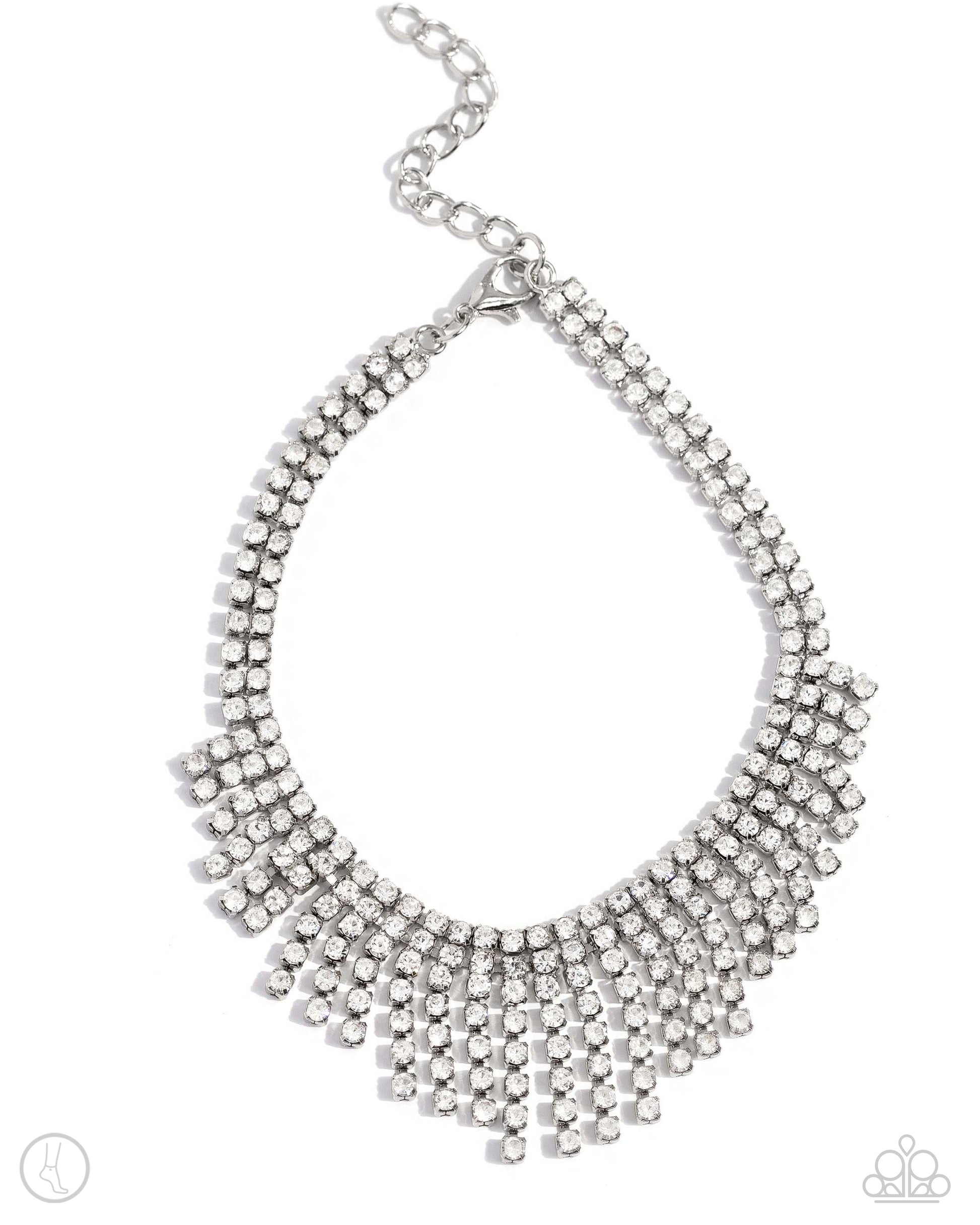Curtain Confidence White Rhinestone Anklet - Paparazzi Accessories A sassy curtain of mismatched white rhinestone-encrusted silver box chains tapers from the bottom of a double-stranded dramatic row of glassy white rhinestones delicately pressed in silver square fittings. The exaggerated fringe cascades around the ankle, resulting in a dauntless attitude that demands attention with every swish. Features an adjustable clasp closure. Sold as one individual anklet. P9AN-WTXX-049XX