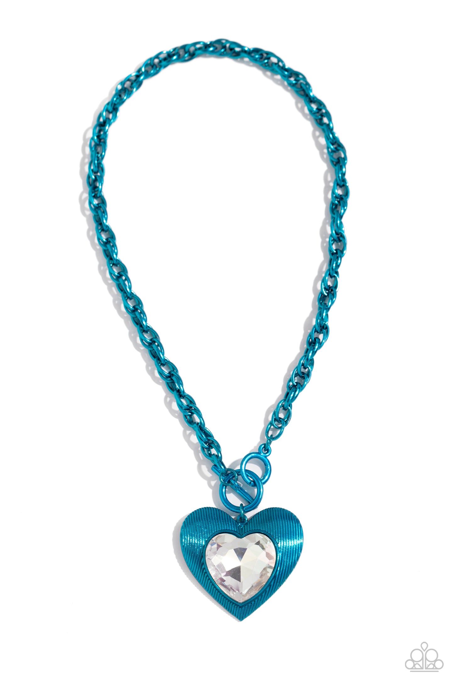 Modern Matchup Blue Heart Toggle Necklace - Paparazzi Accessories Bordered in linear textures, an oversized white heart gem is pressed into an electric blue heart frame below the collar. The flirtatious pendant attaches to a thick, electric blue chain, resulting in a modern-inspired romance. Features a lariat closure. Sold as one individual necklace. Includes one pair of matching earrings. P2ST-BLXX-269XX
