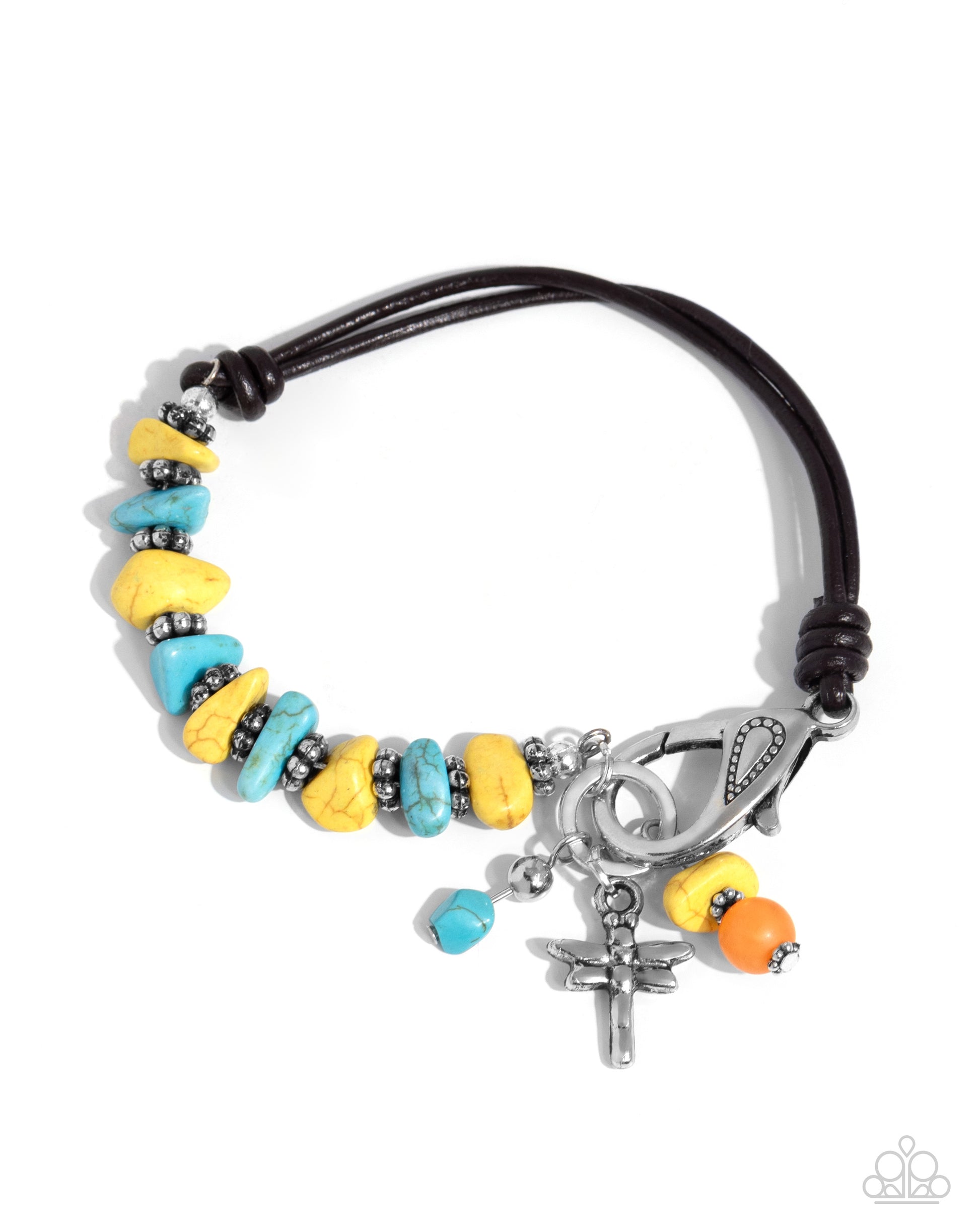 Daring Dragonfly Yellow Clasp Bracelet - Paparazzi Accessories  Featuring a brown half-leather band, a collection of silver floral beads alternates between yellow and turquoise stones for an earthy display around the wrist. A silver dragonfly dances alongside a yellow and orange stone at the end of the hoop for additional whimsical charm. Features a clasp closure. As the stone elements in this piece are natural, some color variation is normal.  Sold as one individual bracelet.  P9SE-YWXX-174XX