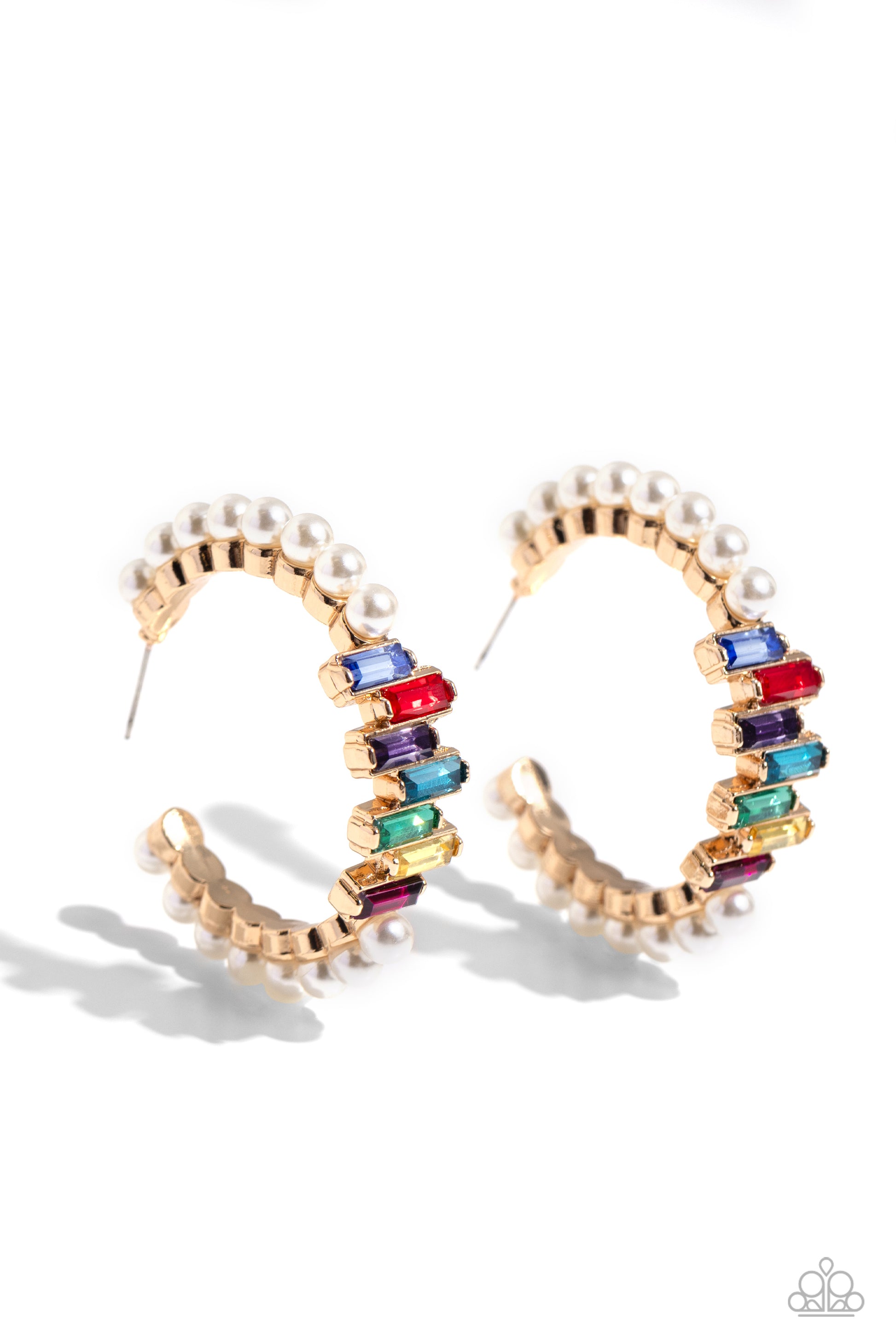 Modest Maven Gold Hoop Earring - Paparazzi Accessories Floating atop sleek gold fittings, a glamorous collection of classic white pearls, interrupted by a collection of staggered multicolored emerald-cut gems, delicately coalesces around a gold hoop for a sparkly statement. Earring attaches to a standard post fitting. Hoop measures approximately 1 3/4" in diameter. Sold as one pair of hoop earrings. SKU: P5HO-GDXX-320XX