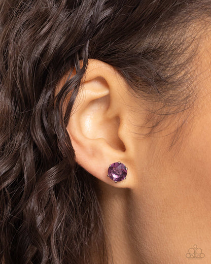 Breathtaking Birthstone Purple Amethyst Post Earring - Paparazzi Accessories  A sparkling amethyst rhinestone is nestled inside a classic silver frame for a beautiful birthstone-inspired display. Earring attaches to a standard post fitting.  Sold as one pair of post earrings.  P5PO-PRXX-024TW