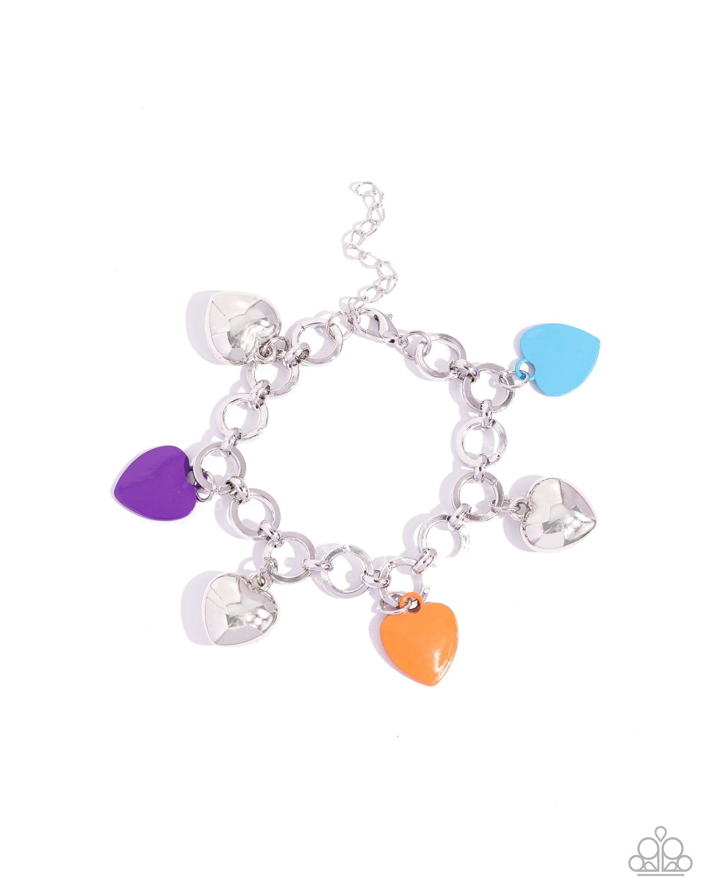 Whole Lotta Love Multi Heart Clasp Bracelet - Paparazzi Accessories  Painted in an electric purple, turquoise, and orange hue, flat heart frames alternate with thick silver hearts that swing from an oversized silver chain, creating a colorfully romantic fringe around the wrist. Features an adjustable clasp closure.  Sold as one individual bracelet.  SKU: P9WH-MTXX-177XX