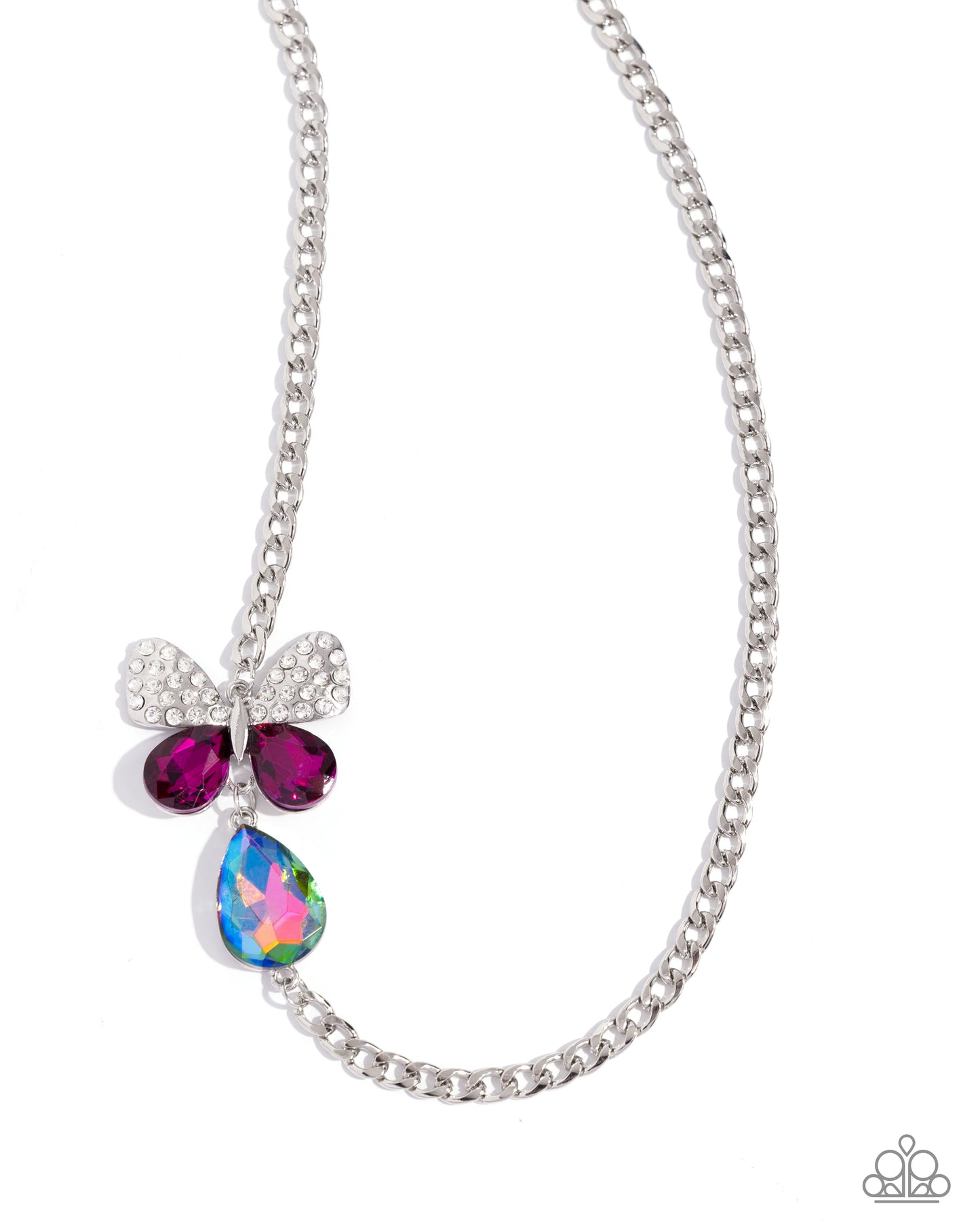 Fluttering Finesse Multi Butterfly Necklace - Paparazzi Accessories  Infused along a silver chain, an oversized butterfly flutters above a UV shimmery teardrop. The upper wings of the butterfly feature white rhinestones, while the bottom wings are formed from faceted magenta teardrops for a whimsical finish. Features an adjustable clasp closure. Due to its prismatic palette, color may vary.  Sold as one individual necklace. Includes one pair of matching earrings.  SKU: P2ST-MTXX-136XX