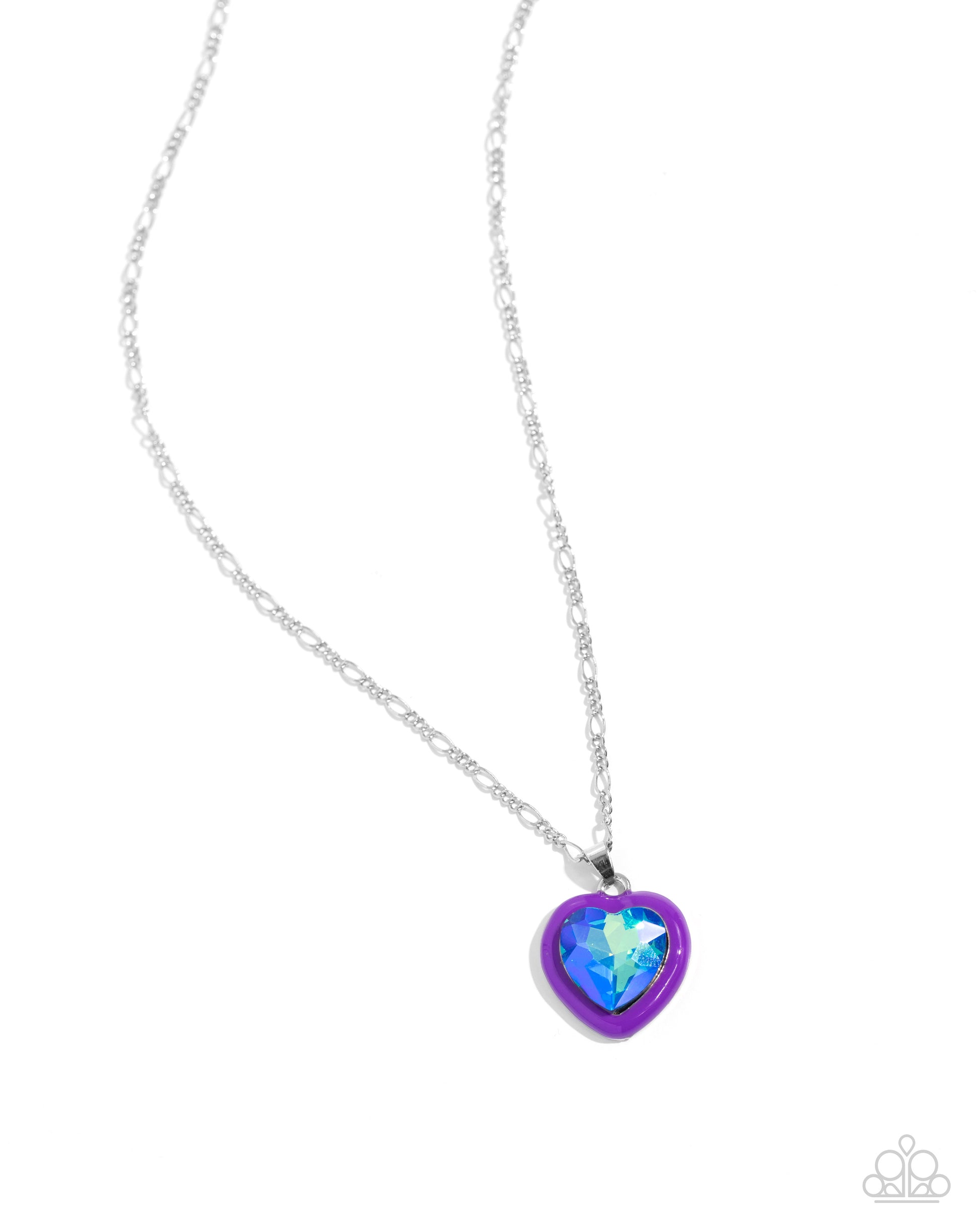 Heartfelt Hope Purple Necklace - Paparazzi Accessories Pressed in a border of purple paint, an oversized UV shimmery heart gem is flirtatiously attached to a silver figaro chain, resulting in a romantic-inspired display. Features an adjustable clasp closure. Sold as one individual necklace. Includes one pair of matching earrings. SKU: P2DA-PRXX-151UM Get The Complete Look! Earring: "Heartfelt Haute - Purple" (Sold Separately)