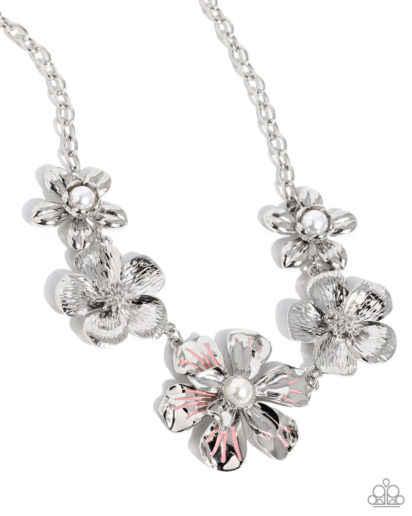 FLOWER Move Orange Necklace (May 2024 LOP) - Paparazzi Accessories Item #P2ST-OGXX-124XX   Featuring glassy white pearl centers, high-sheen silver-petaled flowers alternate with highly-serrated silver flowers below the collar for a fierce floral fashion. The larger pearl-centered silver flower featuring stripes of Burnt Coral adds a feminine finish to the design. Features an adjustable clasp closure.  Sold as one individual necklace. Includes one pair of matching earrings.