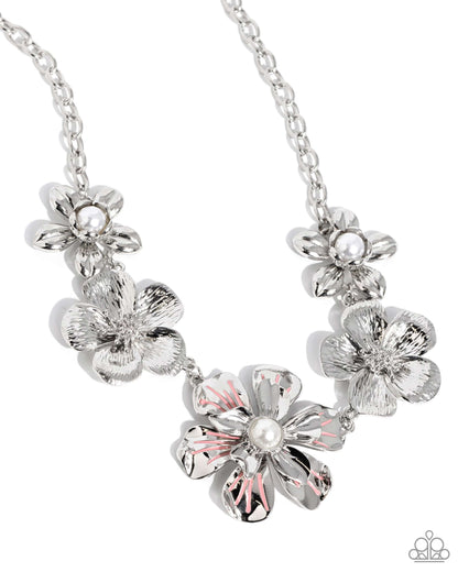 FLOWER Move Orange Necklace (May 2024 LOP) - Paparazzi Accessories Item #P2ST-OGXX-124XX   Featuring glassy white pearl centers, high-sheen silver-petaled flowers alternate with highly-serrated silver flowers below the collar for a fierce floral fashion. The larger pearl-centered silver flower featuring stripes of Burnt Coral adds a feminine finish to the design. Features an adjustable clasp closure.  Sold as one individual necklace. Includes one pair of matching earrings.