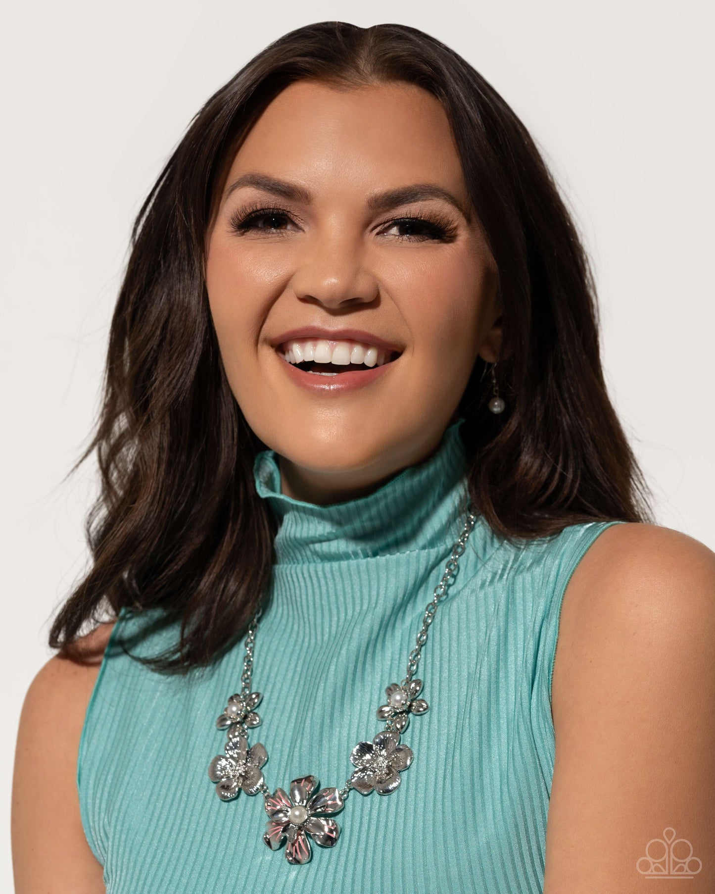 FLOWER Move Orange Necklace (May 2024 LOP) - Paparazzi Accessories Item #P2ST-OGXX-124XX   Featuring glassy white pearl centers, high-sheen silver-petaled flowers alternate with highly-serrated silver flowers below the collar for a fierce floral fashion. The larger pearl-centered silver flower featuring stripes of Burnt Coral adds a feminine finish to the design. Features an adjustable clasp closure.  Sold as one individual necklace. Includes one pair of matching earrings.