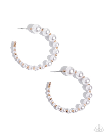 Candidate Class Gold Pearl Hoop Earring - Paparazzi Accessories Gradually decreasing in size, glossy white pearls alternate with high-sheen, dainty gold beads for a refined hoop. Earring attaches to a standard post fitting. Hoop measures approximately 2" in diameter. Sold as one pair of hoop earrings. SKU: P5HO-GDXX-346XX