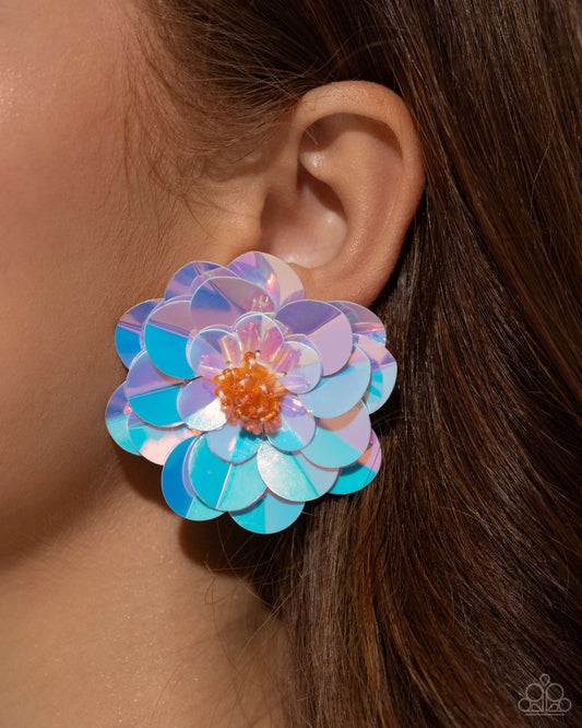 Floating Florals Multi Post Earring (May 2024 LOP) - Paparazzi Accessories  Item #P5PO-MTXX-121XX   Featuring dainty yellow beaded centers, a whimsical collection of iridescent-tinted acrylic discs explode around the ear in a fantastical floral display. Earring attaches to a standard post fitting. Due to its prismatic palette, color may vary.  Sold as one pair of post earrings.
