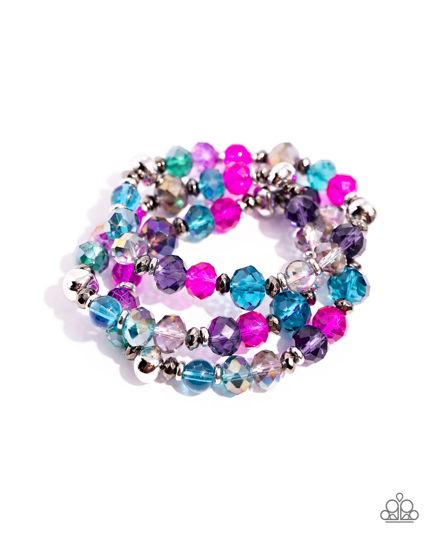 Stack of GLASS Multi Stretch Bracelet - Paparazzi Accessories Infused along elastic stretchy bands, a collection of highly-faceted multicolored beads in various shades and silver and gunmetal beads stack along the wrist for a pop of color. Sold as one set of three bracelets. SKU: P9RE-MTXX-160XX