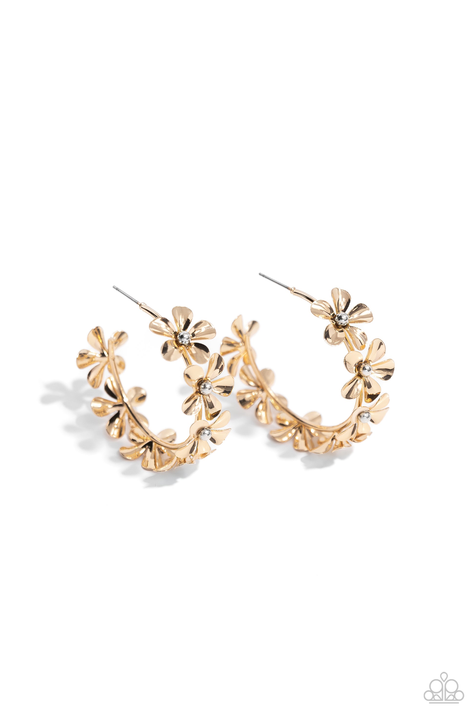 Floral Flamenco Gold Flower Hoop Earring - Paparazzi Accessories  Featuring silver bead centers, metallic gold flowers whimsically curl around the ear for a neutral floral display. Earring attaches to a standard post fitting. Hoop measures approximately 1 1/2" in diameter.  Sold as one pair of hoop earrings.  SKU: P5HO-GDXX-351XX