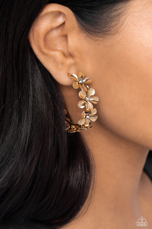Floral Flamenco Gold Flower Hoop Earring - Paparazzi Accessories  Featuring silver bead centers, metallic gold flowers whimsically curl around the ear for a neutral floral display. Earring attaches to a standard post fitting. Hoop measures approximately 1 1/2" in diameter.  Sold as one pair of hoop earrings.  SKU: P5HO-GDXX-351XX