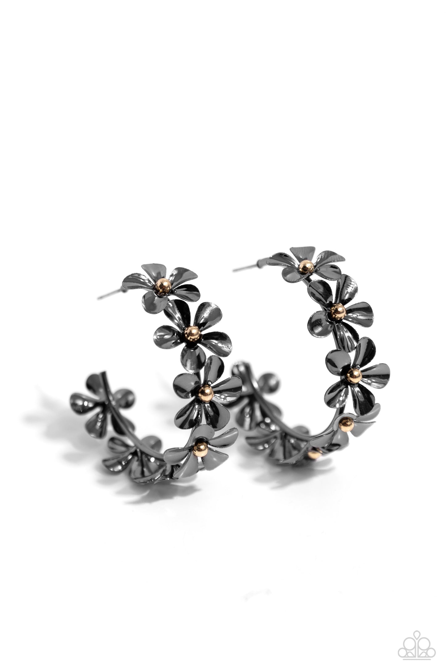 Floral Flamenco Black Flower Hoop Earring - Paparazzi Accessories  Featuring gold bead centers, metallic gunmetal flowers whimsically curl around the ear for a neutral floral display. Earring attaches to a standard post fitting. Hoop measures approximately 1 1/2" in diameter.  Sold as one pair of hoop earrings.  SKU: P5HO-BKXX-275XX