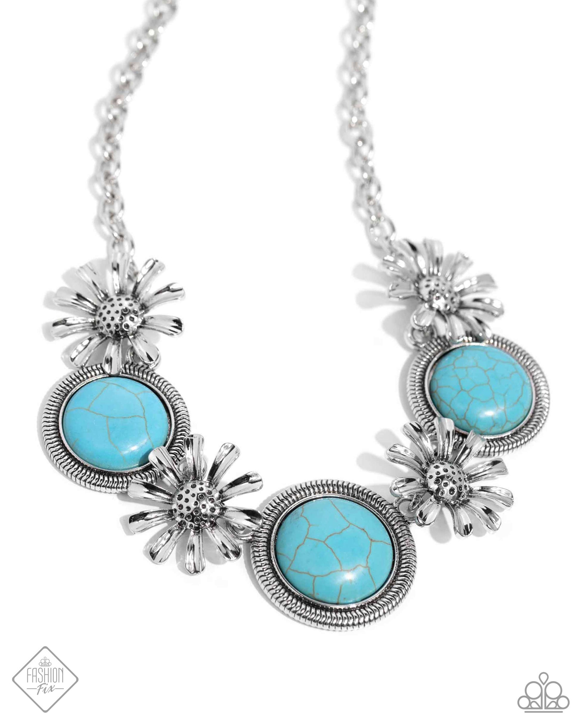 Cowboy Casanova - Blue Item #P2ST-BLXX-274VM   Featuring dotted centers, silver airy sunflowers alternate with oversized turquoise stones pressed in silver textured frames along a classic chain for a Western-inspired statement. Features an adjustable clasp closure. As the stone elements in this piece are natural, some color variation is normal.  Sold as one individual necklace. Includes one pair of matching earrings.