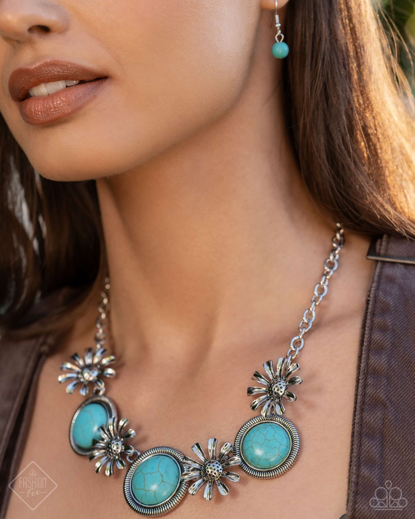 Cowboy Casanova - Blue Item #P2ST-BLXX-274VM   Featuring dotted centers, silver airy sunflowers alternate with oversized turquoise stones pressed in silver textured frames along a classic chain for a Western-inspired statement. Features an adjustable clasp closure. As the stone elements in this piece are natural, some color variation is normal.  Sold as one individual necklace. Includes one pair of matching earrings.