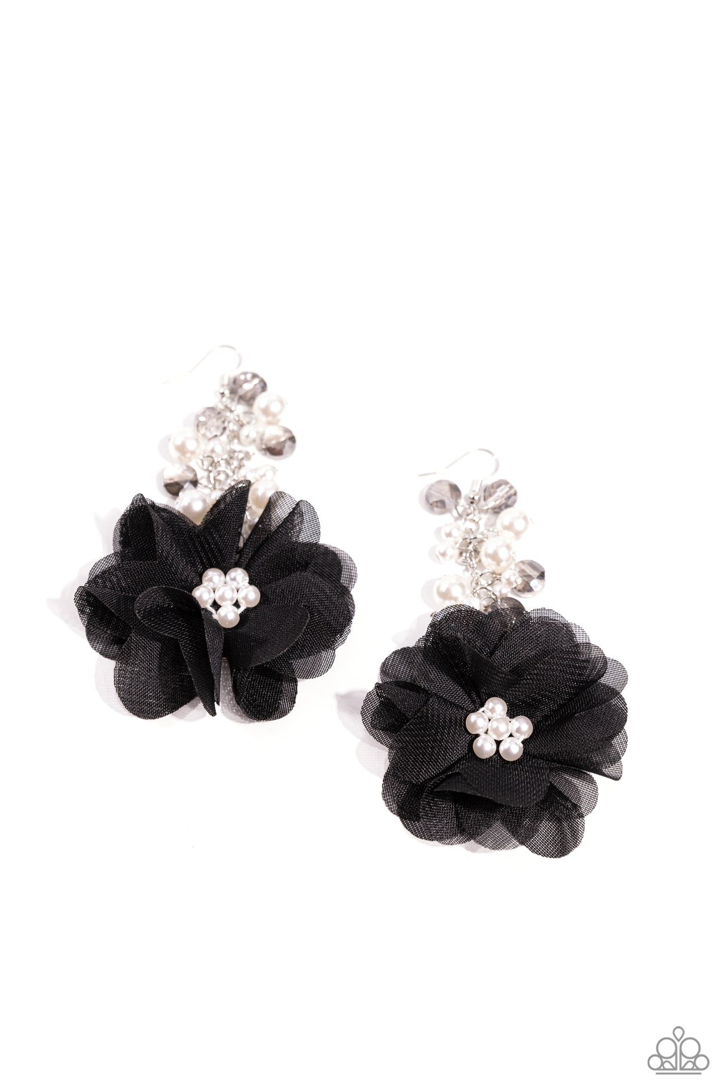 Fashionable Flower Girl Black Earring - Paparazzi Accessories  A collection of bubbly white pearls and faceted clear smoky beads give way to an oversized black tulle flower. Glossy pearls gleam from the center of the tulle fabric for additional refinement. Earring attaches to a standard fishhook fitting.  Sold as one pair of earrings.  P5RE-BKXX-457XX