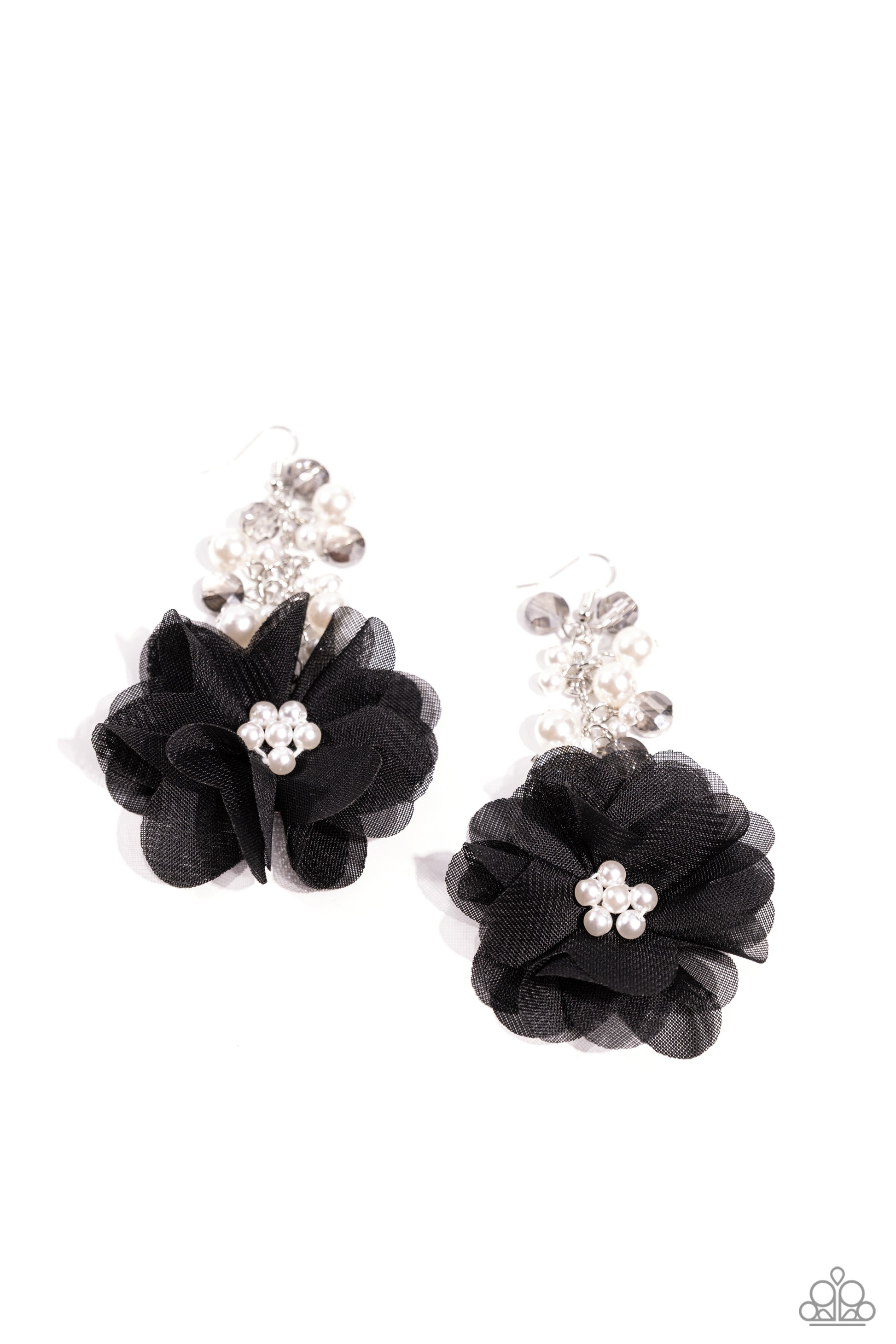 Fashionable Flower Girl Black Earring - Paparazzi Accessories  A collection of bubbly white pearls and faceted clear smoky beads give way to an oversized black tulle flower. Glossy pearls gleam from the center of the tulle fabric for additional refinement. Earring attaches to a standard fishhook fitting.  Sold as one pair of earrings.  P5RE-BKXX-457XX