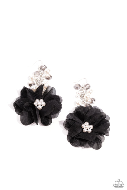 Fashionable Flower Girl Black Earring - Paparazzi Accessories  A collection of bubbly white pearls and faceted clear smoky beads give way to an oversized black tulle flower. Glossy pearls gleam from the center of the tulle fabric for additional refinement. Earring attaches to a standard fishhook fitting.  Sold as one pair of earrings.  P5RE-BKXX-457XX