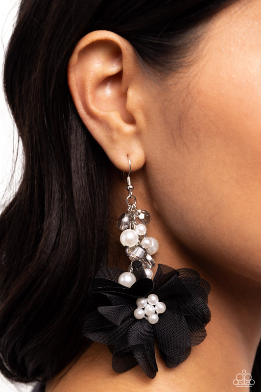 Fashionable Flower Girl Black Earring - Paparazzi Accessories  A collection of bubbly white pearls and faceted clear smoky beads give way to an oversized black tulle flower. Glossy pearls gleam from the center of the tulle fabric for additional refinement. Earring attaches to a standard fishhook fitting.  Sold as one pair of earrings.  P5RE-BKXX-457XX
