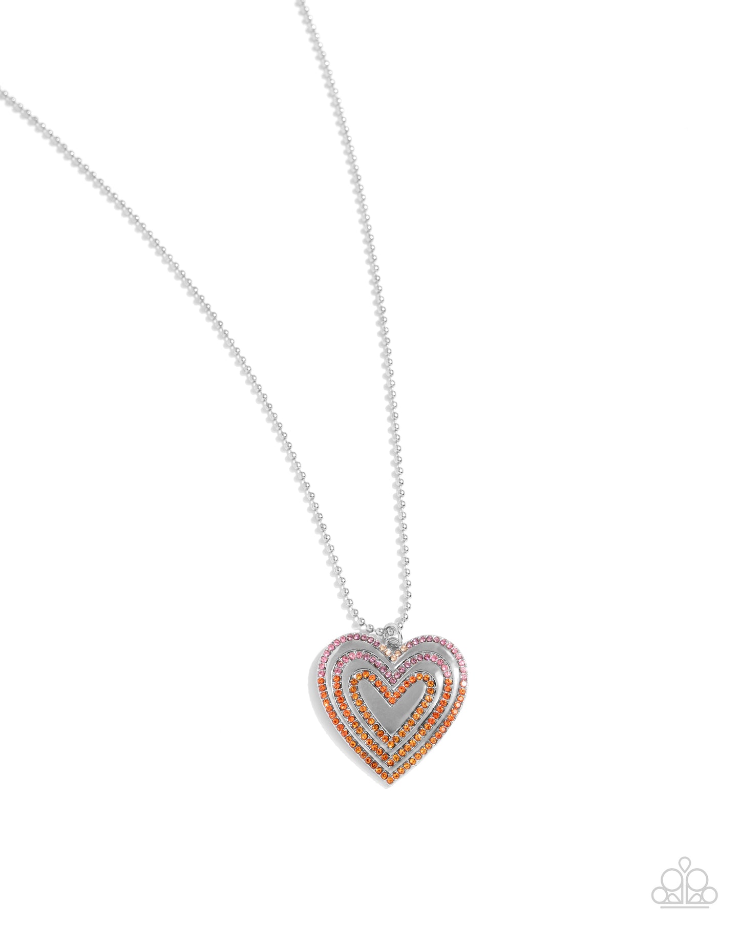 Hallucinatory Hearts Orange Necklace - Paparazzi Accessories  Featuring a variety of multicolored orange rhinestones, a layered silver heart pendant glides along a silver ball chain for a romantic statement. Each layer slowly fades to a new color, creating an ombré-like effect. Features an adjustable clasp closure.  Sold as one individual necklace. Includes one pair of matching earrings.  P2RE-OGXX-158XX