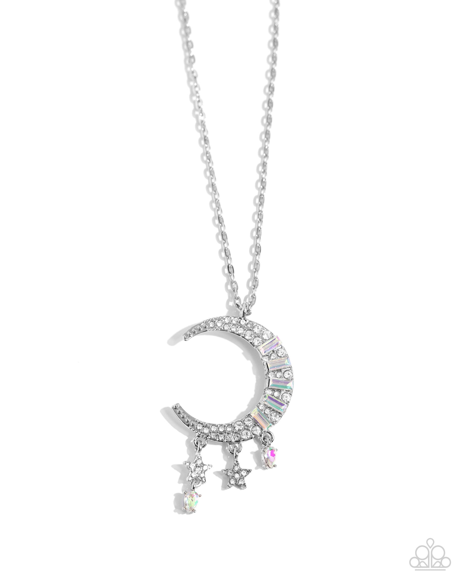 Lunar Landmark White Moon Necklace - Paparazzi Accessories  Featuring iridescent and white rhinestones and emerald-cut iridescent gems, a silver moon charm twinkles from an extended silver chain. Two dainty silver stars and marquise-cut gems dangle along the crescent moon charm for additional celestial detail. Features an adjustable clasp closure. Due to its prismatic palette, color may vary.  Sold as one individual necklace. Includes one pair of matching earrings.  P2RE-WTXX-683XX