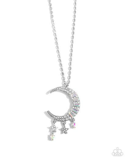 Lunar Landmark White Moon Necklace - Paparazzi Accessories  Featuring iridescent and white rhinestones and emerald-cut iridescent gems, a silver moon charm twinkles from an extended silver chain. Two dainty silver stars and marquise-cut gems dangle along the crescent moon charm for additional celestial detail. Features an adjustable clasp closure. Due to its prismatic palette, color may vary.  Sold as one individual necklace. Includes one pair of matching earrings.  P2RE-WTXX-683XX