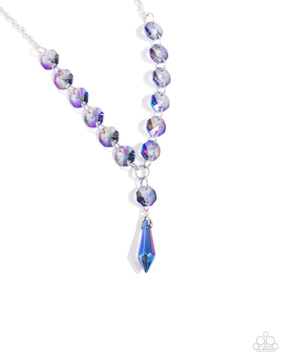 Celestial Class Blue Necklace - Paparazzi Accessories  Featuring an opalescent, UV shimmer, faceted blue beads flicker and flash along a silver chain as it extends below the neckline, leading the eye to a faceted, prismatic bead for a finishing touch of shimmer. Features an adjustable clasp closure. Due to its prismatic palette, color may vary.  Sold as one individual necklace. Includes one pair of matching earrings.  P2ST-BLXX-272XX