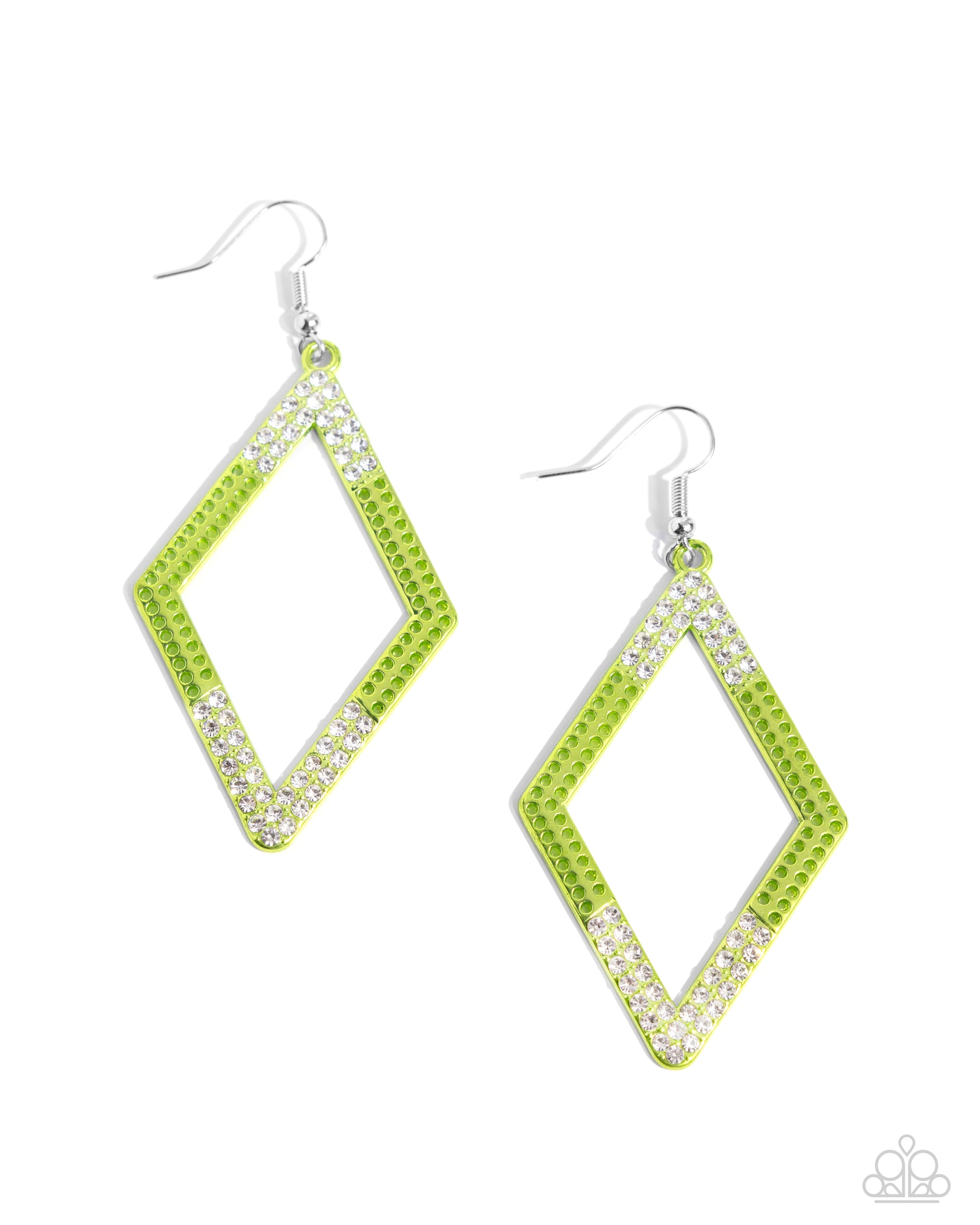 Eloquently Edgy Green Earring - Paparazzi Accessories Dipped in an electric green hue, a dotted diamond frame is sprinkled with dainty white rhinestones on its ends for a dazzling, dynamic design. Earring attaches to a standard fishhook fitting. Sold as one pair of earrings. P5ED-GRXX-033XX
