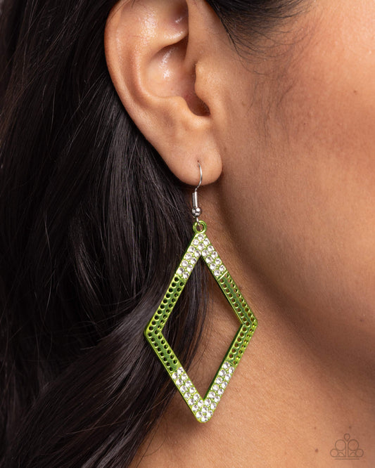 Eloquently Edgy Green Earring - Paparazzi Accessories Dipped in an electric green hue, a dotted diamond frame is sprinkled with dainty white rhinestones on its ends for a dazzling, dynamic design. Earring attaches to a standard fishhook fitting. Sold as one pair of earrings. P5ED-GRXX-033XX