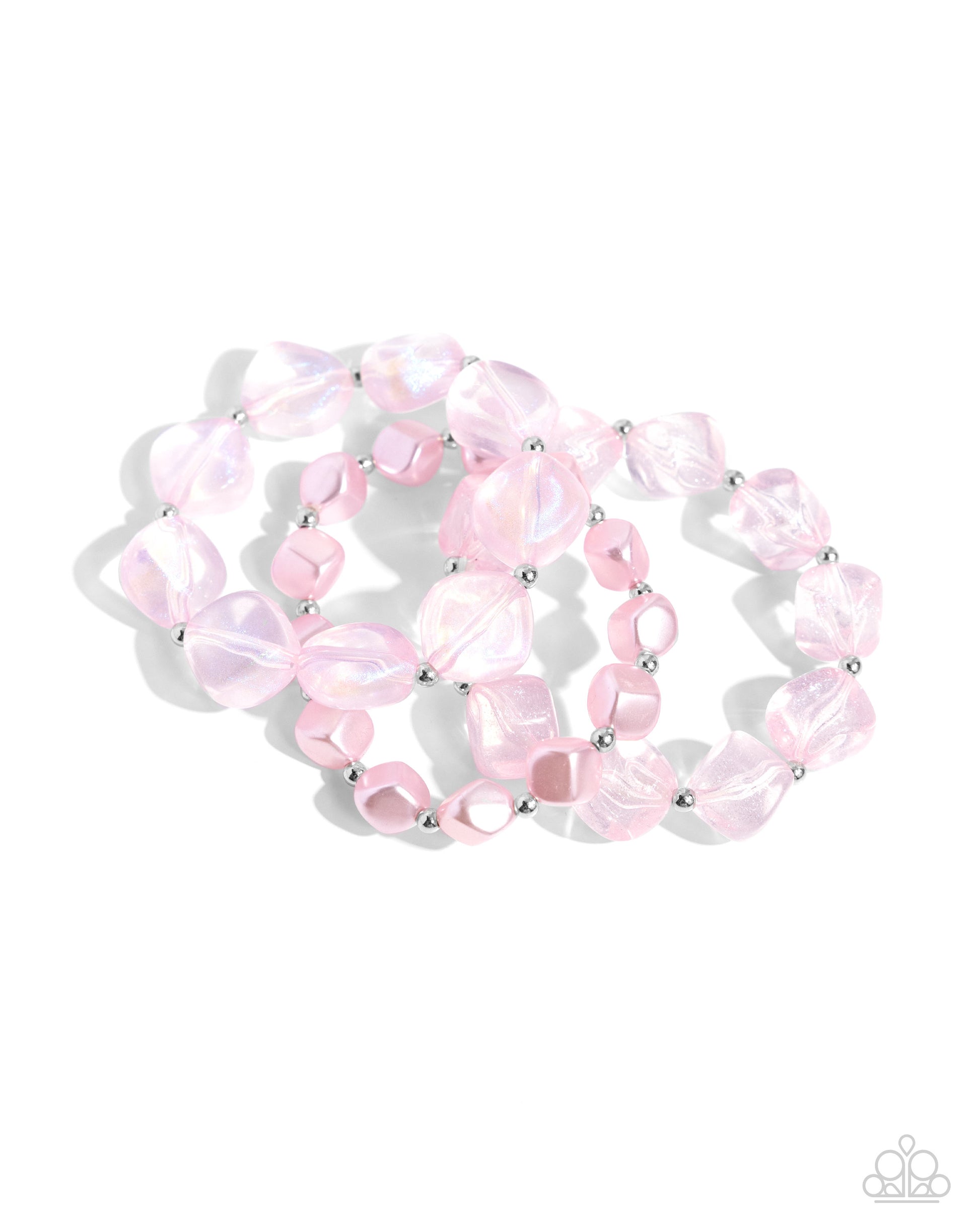 Glittery Gala Pink Stretch Bracelet - Paparazzi Accessories Cubed baby pink pearls join a strand of baby pink acrylics and glittery acrylics that alternate with silver beads along elastic stretchy bands around the wrist for a sweet stack. Sold as one set of three bracelets. SKU: P9ST-PKXX-028VO Get The Complete Look! Necklace: "Cubed Cameo - Pink" (Sold Separately)
