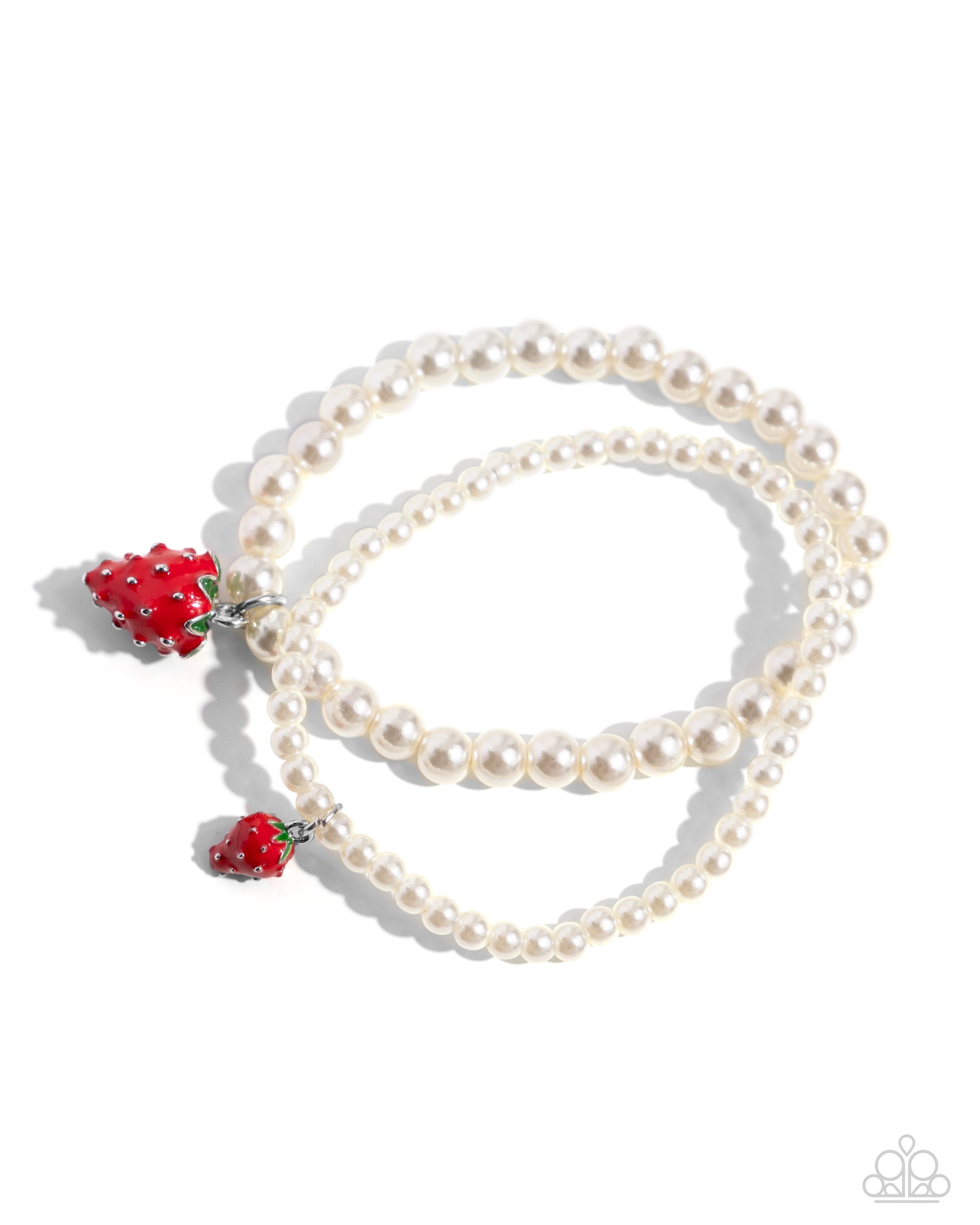 Strawberry Season Red Stretch Bracelet - Paparazzi Accessories Featuring tactile details, two red and green strawberries of various sizes dangle from two strands of gleaming white pearls also in various sizes for a sentimentally sweet statement around the wrist. Sold as one set of two individual bracelets. P9SE-RDXX-298XX