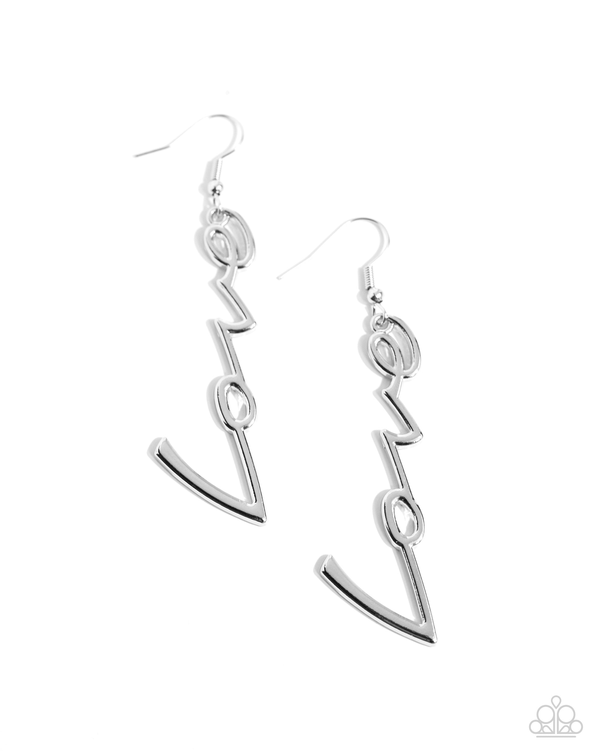 Light-Catching Letters Silver "Love" Earring - Paparazzi Accessories Featuring a slanted, cursive font, high-sheen silver letters spell out the word "love" for a simply sentimental statement. Earring attaches to a standard fishhook fitting. Sold as one pair of earrings. SKU: P5WD-SVXX-117XX
