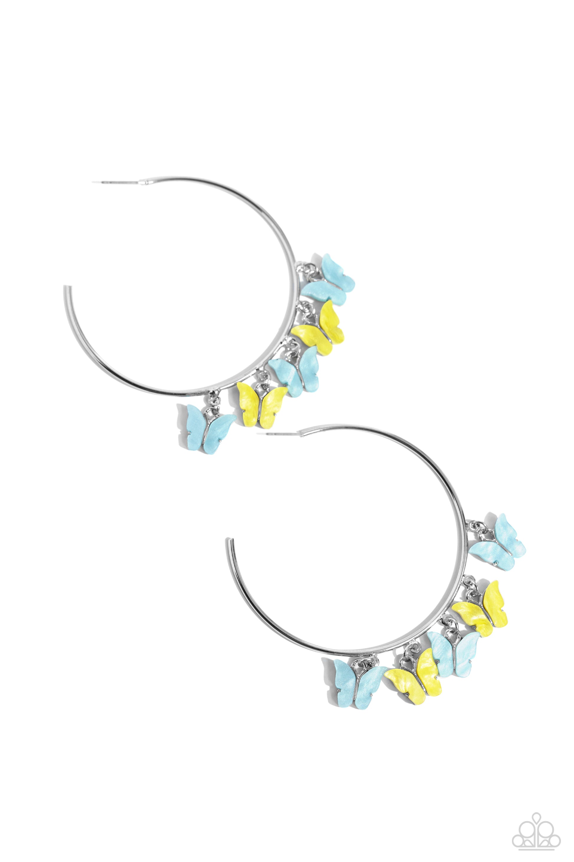 Bemusing Butterflies Blue Hoop Earring - Paparazzi Accessories  Attached along an oversized silver hoop, various blue and yellow butterflies flutter and fly along the ear for a whimsical finish. Earring attaches to a standard post fitting. Hoop measures approximately 2 1/4" in diameter.  Sold as one pair of hoop earrings.  P5HO-BLXX-065XX