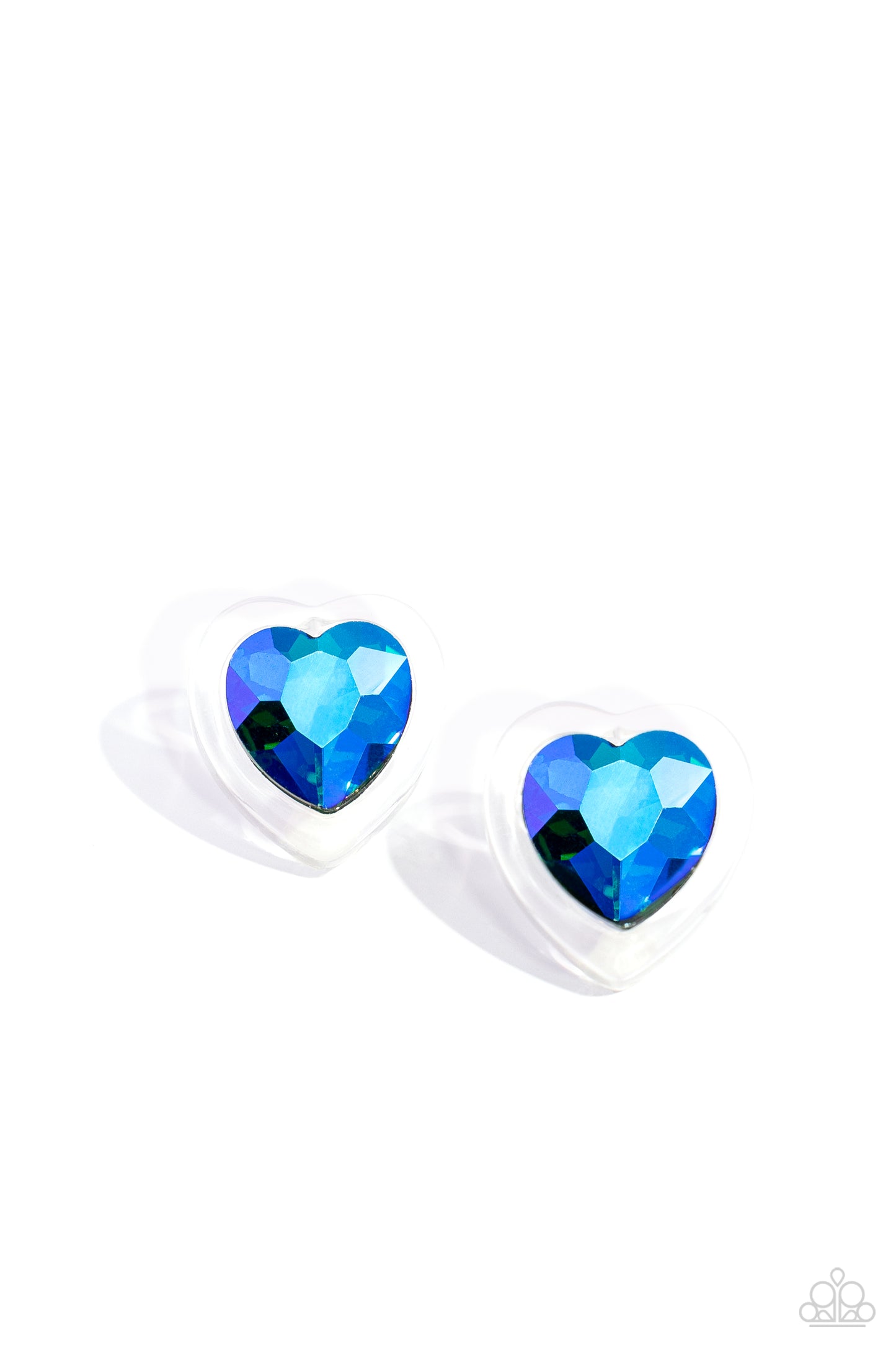 Heart-Pounding Haute Green Post Earring - Paparazzi Accessories  Featuring a faceted finish, a thick silver frame gathers around a green UV shimmery heart center, creating a romantic display. Earring attaches to a standard post fitting.  Sold as one pair of post earrings.  SKU: P5PO-GRXX-054XX
