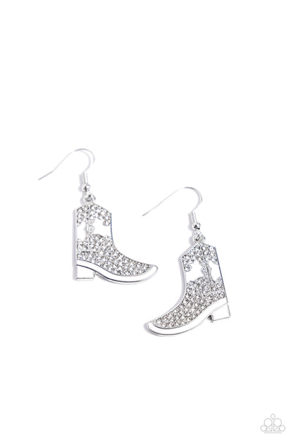 Boot Scootin Bling White Earring - Paparazzi Accessories   Infused with glistening white rhinestones, high-sheen silver cowboy boots cascade from the ear for a Western-inspired statement. Earring attaches to a standard fishhook fitting.  Sold as one pair of earrings.  SKU: P5SE-WTXX-226XX