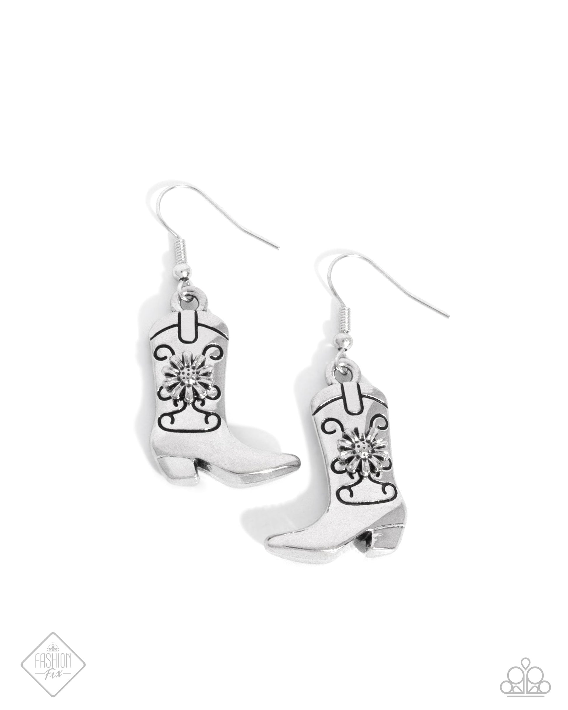 Beloved Boots - Silver Item #P5SE-SVXX-198VM   Featuring a tactile silver flower, silver swirl-detailed cowboy boots cascade from the ear for a western look. Earring attaches to a standard fishhook fitting.  Sold as one pair of earrings.