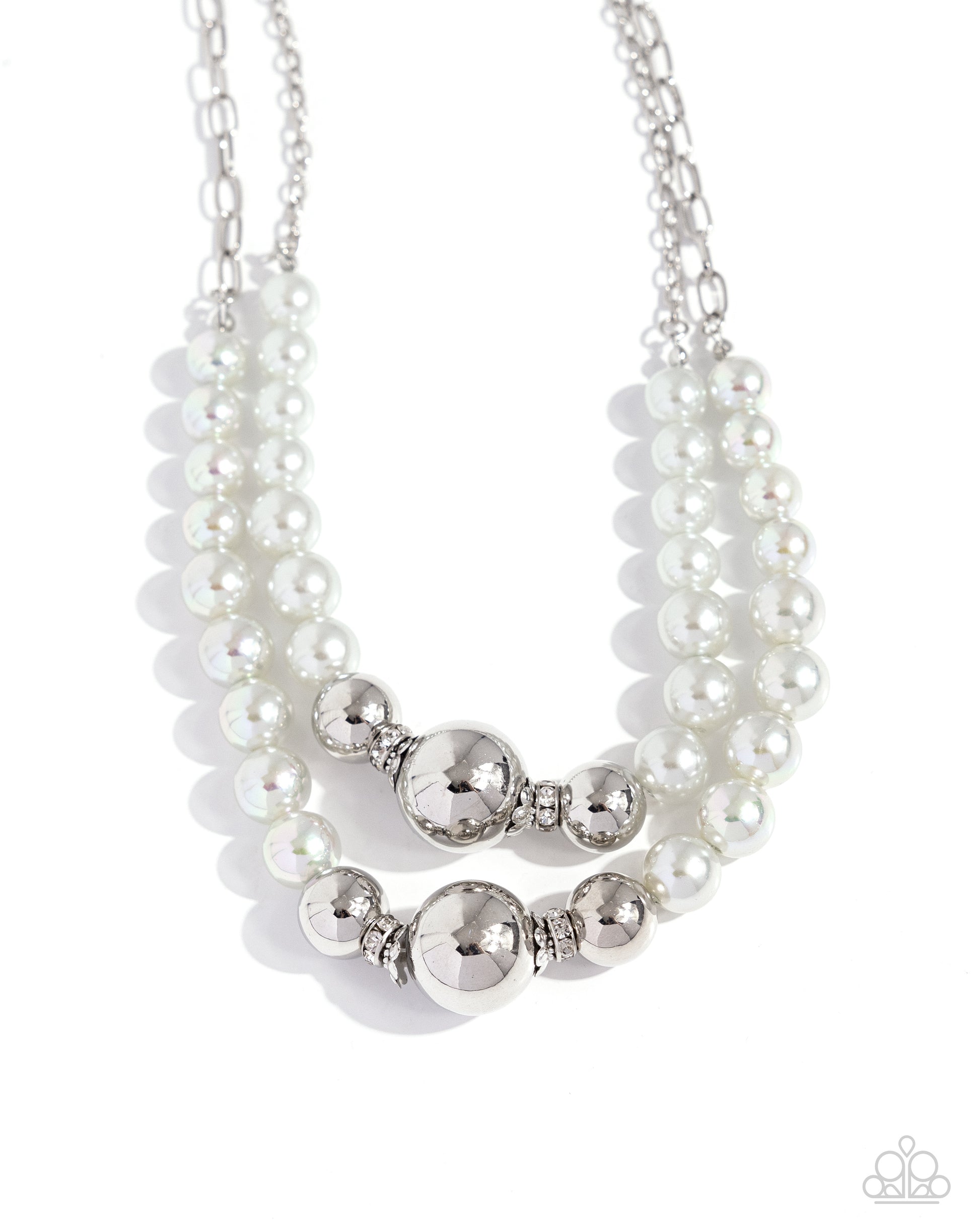 Ballroom Balance Silver Necklace - Paparazzi Accessories Infused along a silver paperclip and classic silver chain, a collection of glossy gray pearls and high-sheen silver beads in various sizes cascade around the collar in layers for an elegant display. Features an adjustable clasp closure. Sold as one individual necklace. Includes one pair of matching earrings. SKU: P2ST-SVXX-220XX