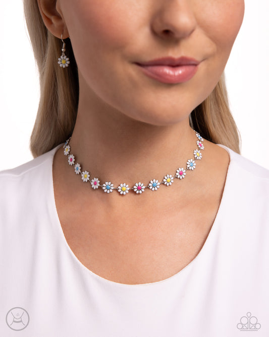 Floral Falsetto White Choker Necklace - Paparazzi Accessories Featuring hot pink, yellow, and turquoise-painted centers, a collection of white-painted silver daisies encircle the collar for a summer-inspired statement. Features an adjustable clasp closure. Sold as one individual choker necklace. Includes one pair of matching earrings. SKU: P2CH-WTXX-083XX