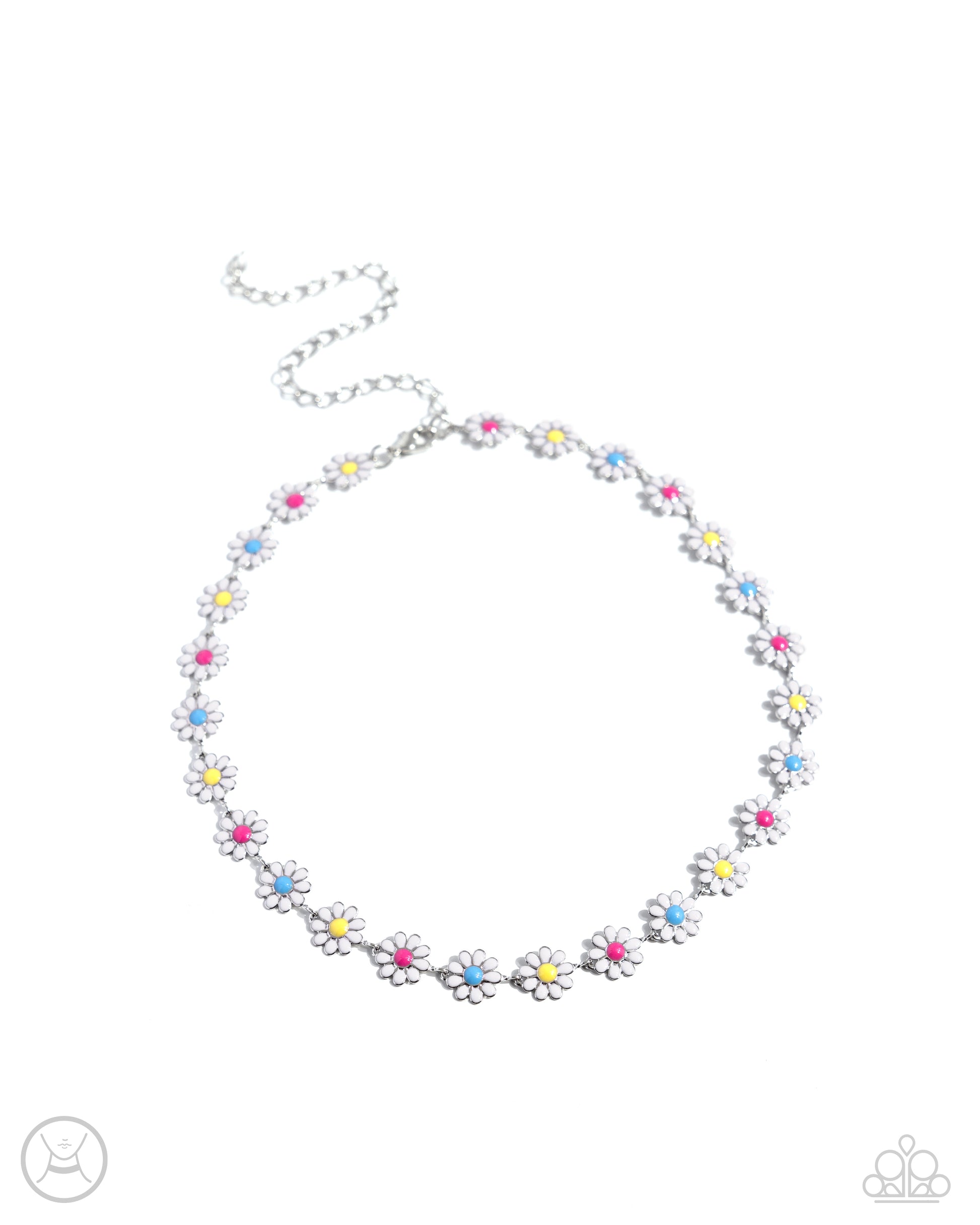 Floral Falsetto White Choker Necklace - Paparazzi Accessories Featuring hot pink, yellow, and turquoise-painted centers, a collection of white-painted silver daisies encircle the collar for a summer-inspired statement. Features an adjustable clasp closure. Sold as one individual choker necklace. Includes one pair of matching earrings. SKU: P2CH-WTXX-083XX