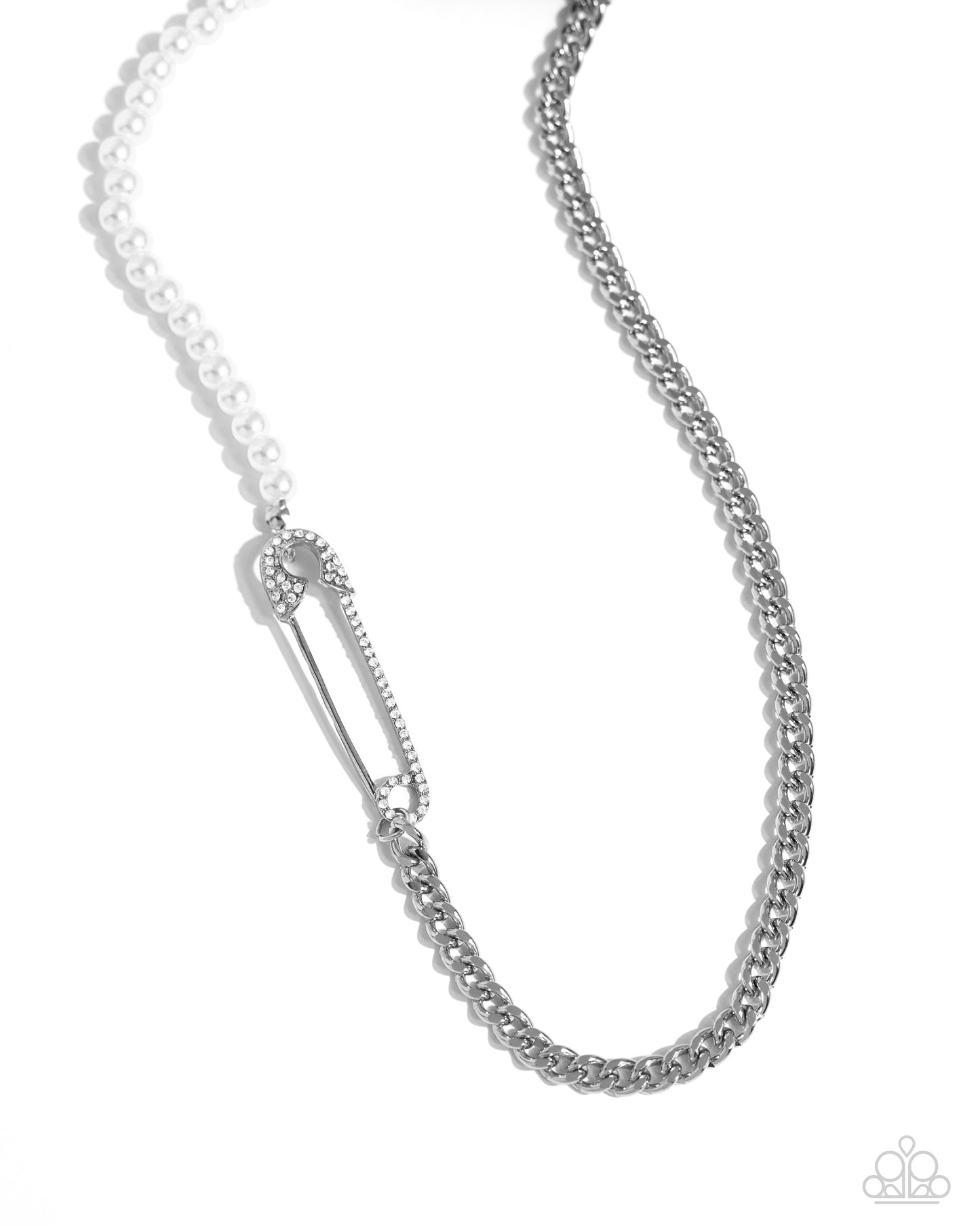 Safety Pin Style White Pearl Necklace - Paparazzi Accessories A strand of white pearls collides with a layer of chain to create an abstract blend of grit and glitz. The links of the curb chain offset the pearly sheen of the beads that lay on the opposite side, perfectly balancing the contrasting design. A white rhinestone-embellished oversized safety pin charm connects the two strands for a surprising hint of edge.  SKU: P2ED-WTXX-070VX Earring: "Safety Pin Sentiment - White" (Sold Separately)
