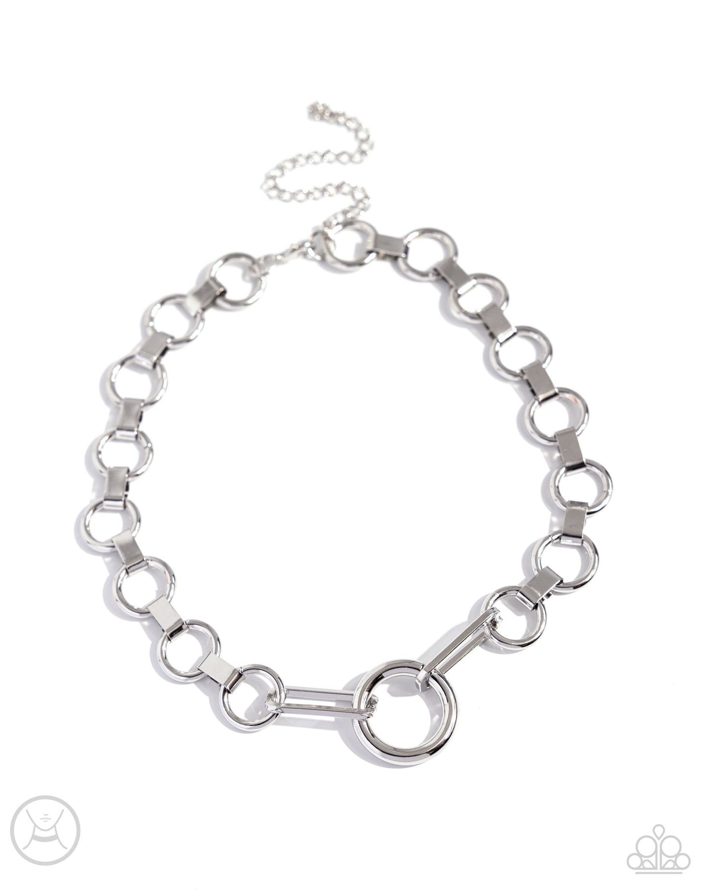 Musings Marvel Silver Choker Necklace - Paparazzi Accessories Glistening silver clasps and hoops are interlocked together as they encircle the collar for a dynamic display. Featured in the center, an oversized silver hoop and elongated silver rings create a standout streamlined statement. Features an adjustable clasp closure. Sold as one individual choker necklace. Includes one pair of matching earrings. SKU: P2CH-SVXX-112XX