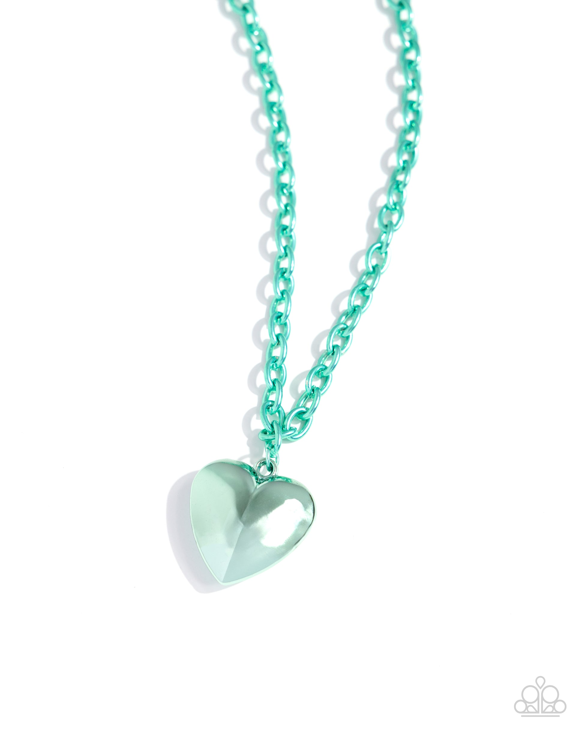 Loving Luxury Green Heart Necklace - Paparazzi Accessories Elongating from a high-sheen light green chain, an oversized green heart glimmers for a lovestruck look. Features an adjustable clasp closure. Sold as one individual necklace. Includes one pair of matching earrings. SKU: P2SE-GRXX-269XX