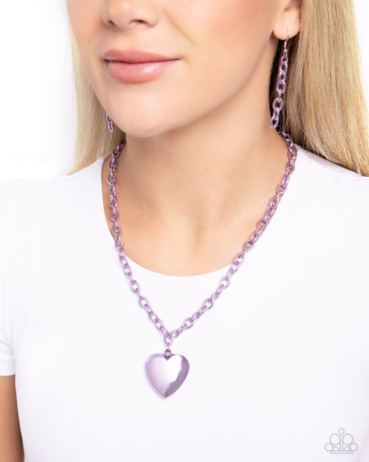 Loving Luxury Purple Heart Necklace - Paparazzi Accessories  Elongating from a high-sheen light purple chain, an oversized purple heart glimmers for a lovestruck look. Features an adjustable clasp closure.  Sold as one individual necklace. Includes one pair of matching earrings.  P2SE-PRXX-252XX