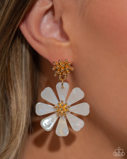 Poetically Pastel White Flower Post Earring - Paparazzi Accessories A collection of tactile gold studs gives way to an acrylic, pastel-patterned white flower that also blooms around a gold studded center, infusing the design with whimsical, soft movement. Earring attaches to a standard post fitting. Sold as one pair of post earrings. P5PO-WTXX-427AR